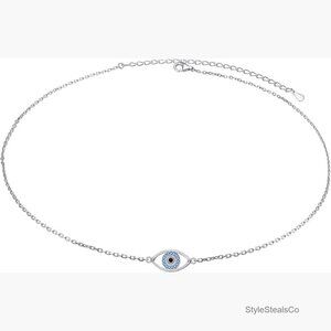 Sterling Silver Evil Eye Choker Necklace Adjustable Dainty Pendant